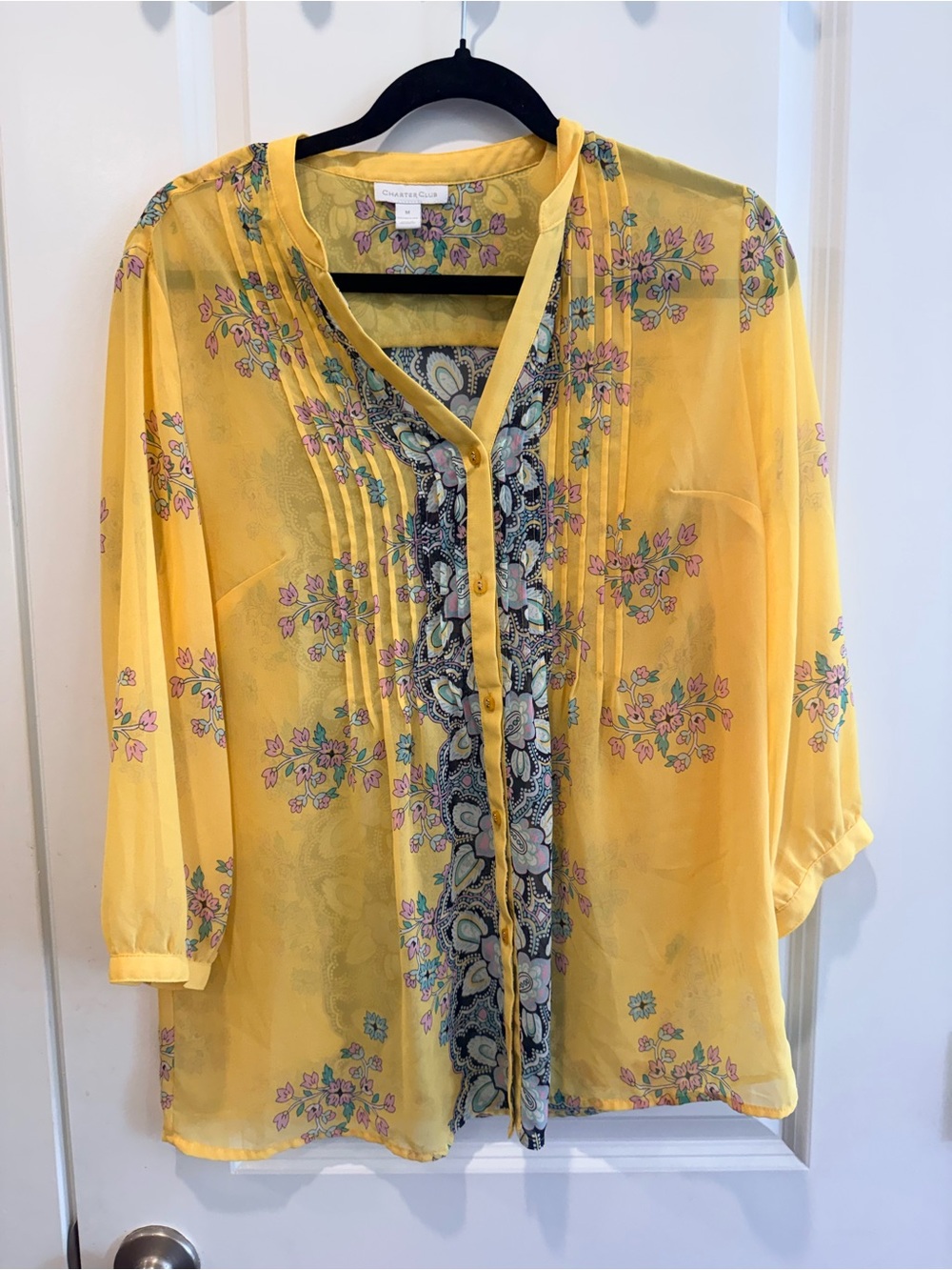 Charter Club Yellow Floral Sheer Button-Down Blouse